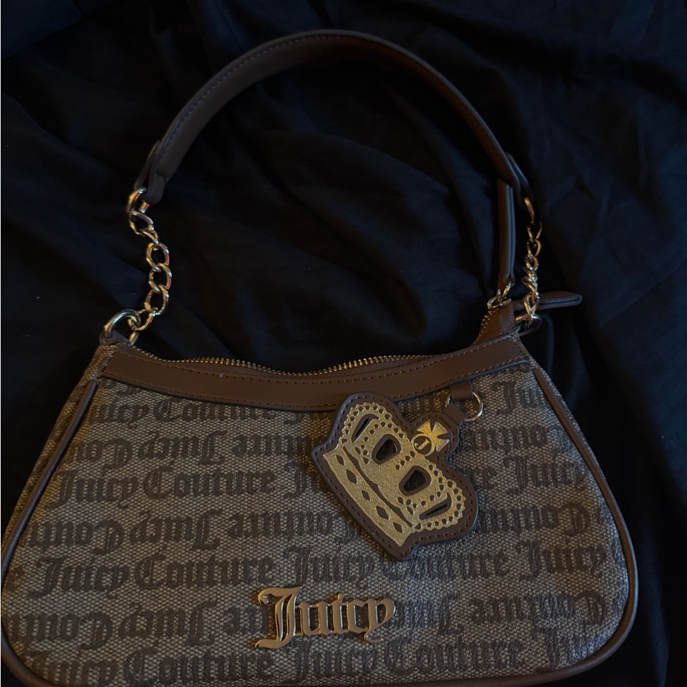 Juicy Couture Brown Monogram Shoulder Bag with Crown Charm